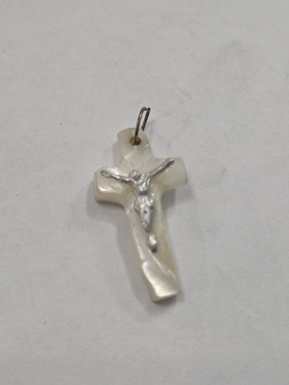 White Mother-of-Pearl Crucifix Pendant with Silver-Tone Corpus